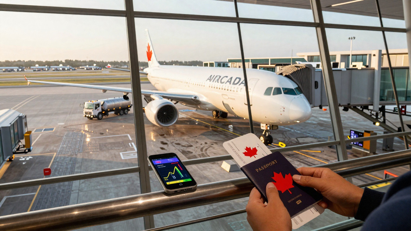Pessoa segurando passaporte e cartão de embarque com avião Air Canada no portão de embarque ao fundo.