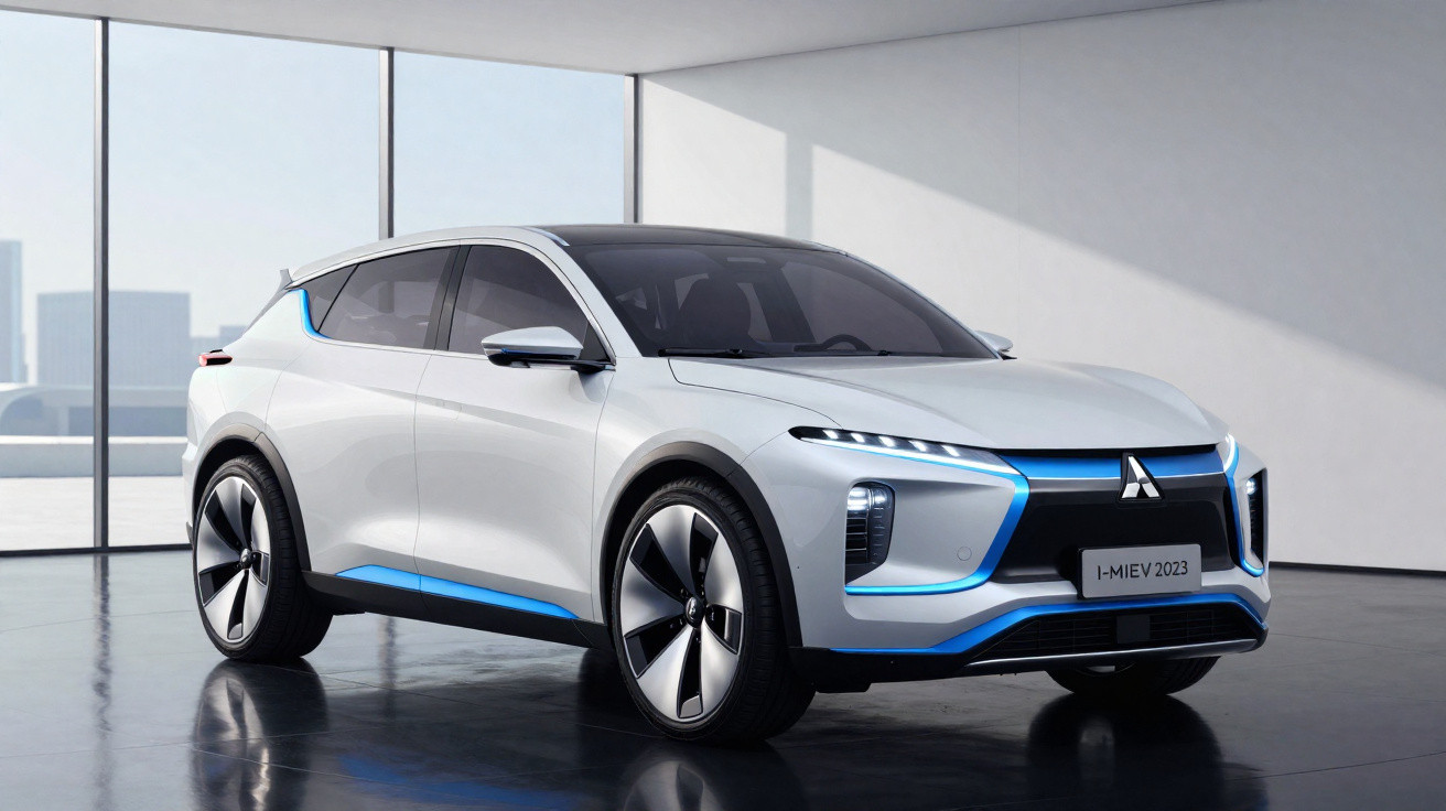 Carro elétrico Mitsubishi I-MiEV 2023 branco com detalhes em azul em ambiente interno moderno.