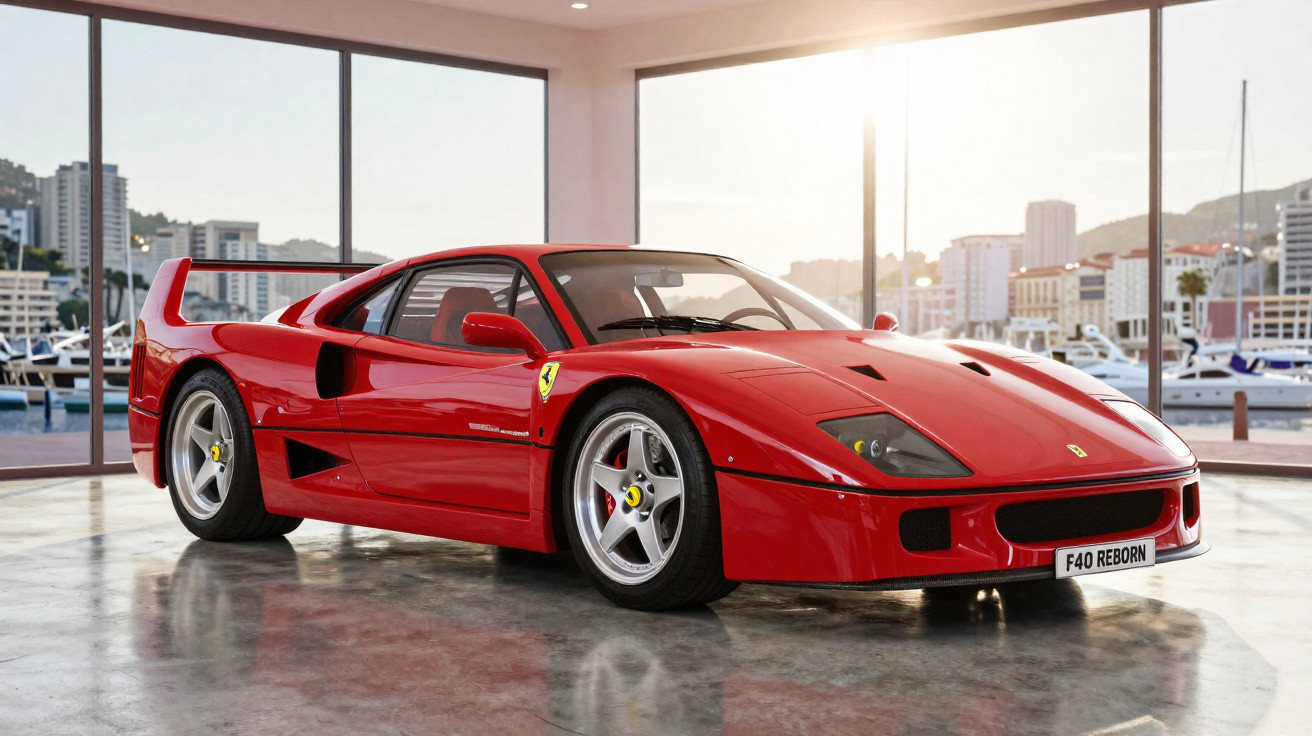 Carro esportivo vermelho Ferrari F40 em exposição interna com grande janela e vista para marina.