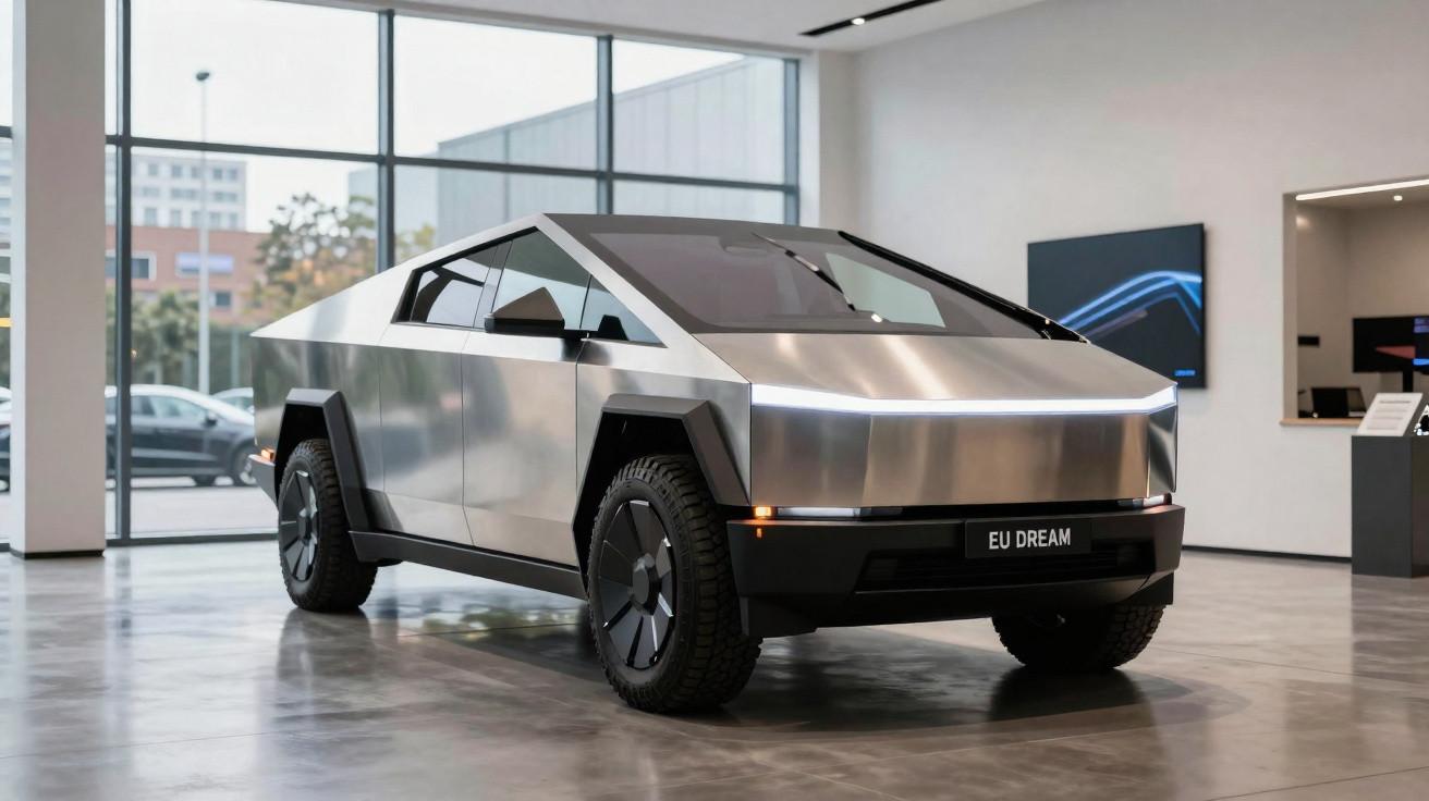 Carro elétrico futurista prateado com design angular em exposição dentro de showroom moderno e iluminado.