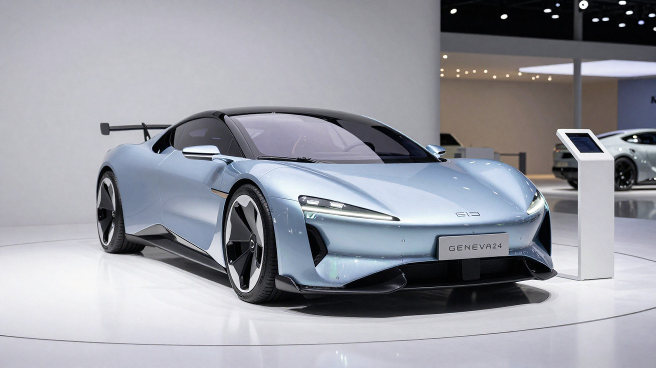 Carro esportivo elétrico cinza metálico exibido em salão do automóvel com luzes refletidas no teto.