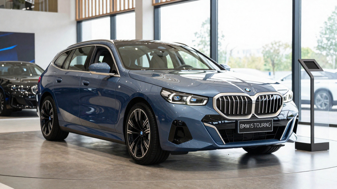 BMW 1 Series Touring azul estacionado em showroom moderno com iluminação natural.