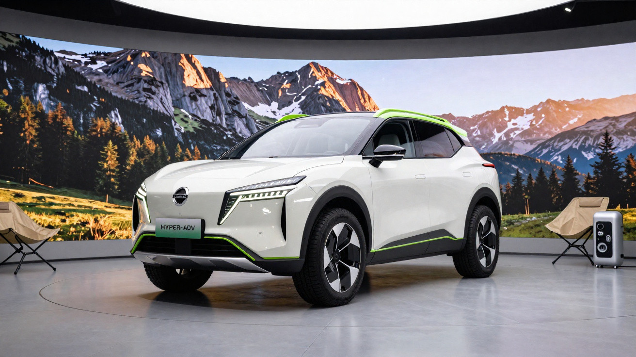 Carro elétrico branco com detalhes verdes exposto em ambiente interno com tela de montanhas ao fundo.