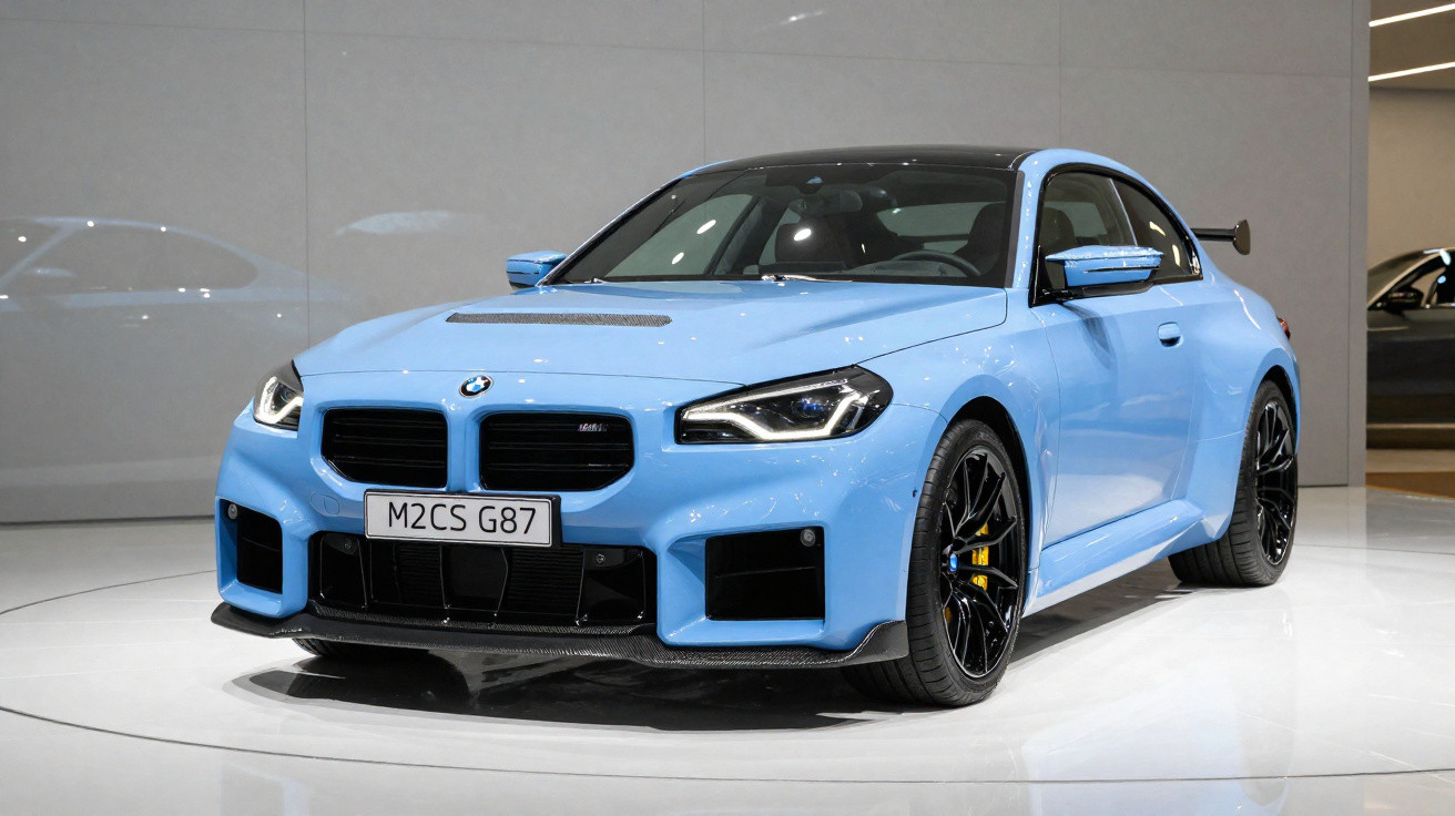 Carro esportivo BMW azul claro com teto preto exibido em ambiente interno.