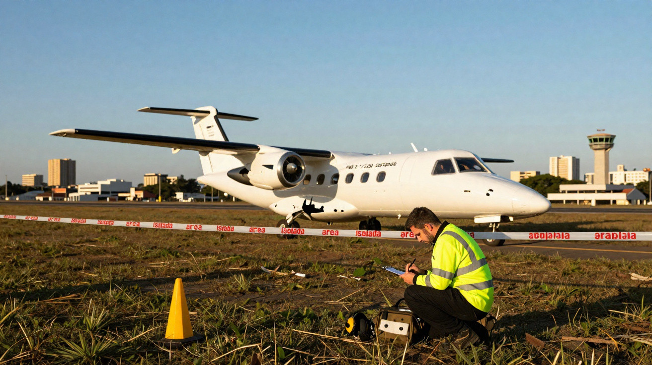 Homem de colete amarelo escrevendo em bloco de notas próximo a avião branco estacionado em pista de aeroporto.