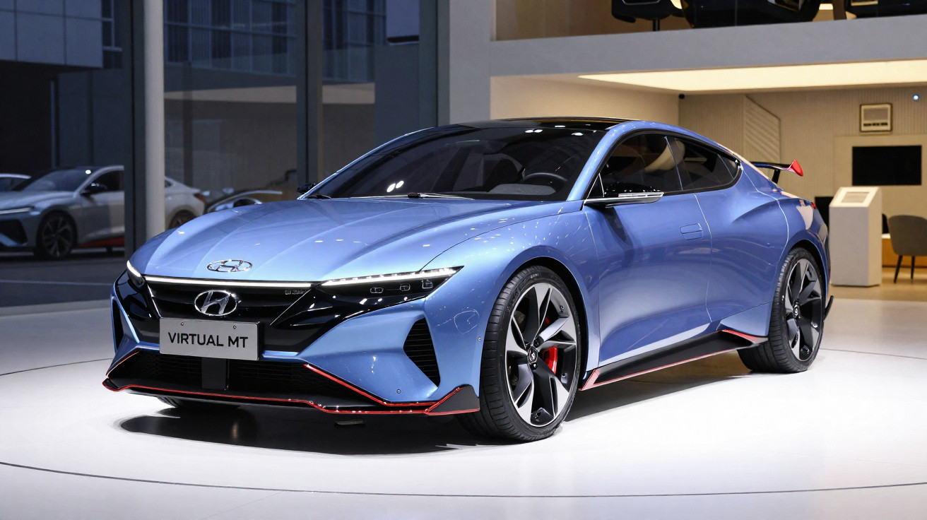 Carro esportivo Hyundai cinza com design futurista e detalhes vermelhos exposto em salão automotivo.