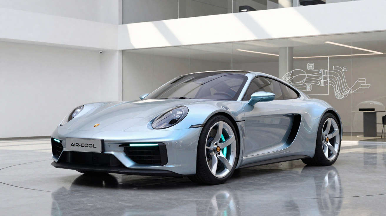 Carro esportivo Porsche prata estacionado em ambiente interno moderno com design minimalista.