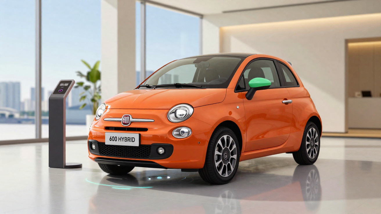 Carro compacto laranja 600 Hybrid estacionado em ambiente interno moderno junto a carregador elétrico.