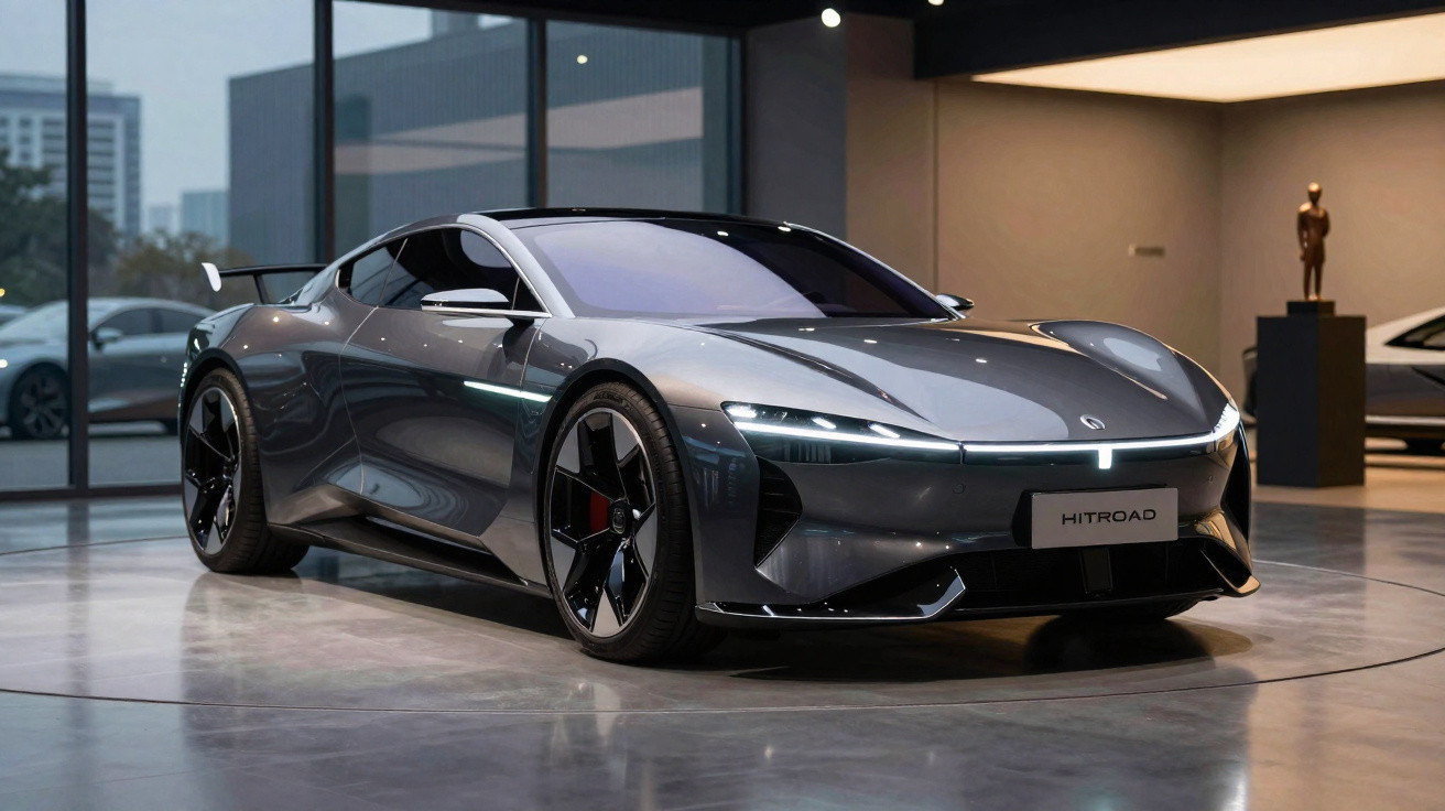 Carro esportivo elétrico cinza metálico estacionado em showroom moderno com piso de concreto polished.