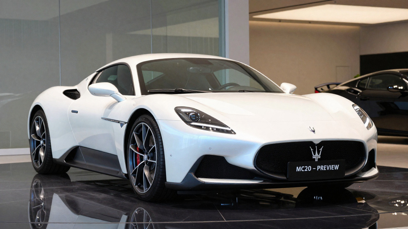 Carro esportivo branco Maserati MC20 exibido em showroom com acabamento elegante e rodas esportivas.
