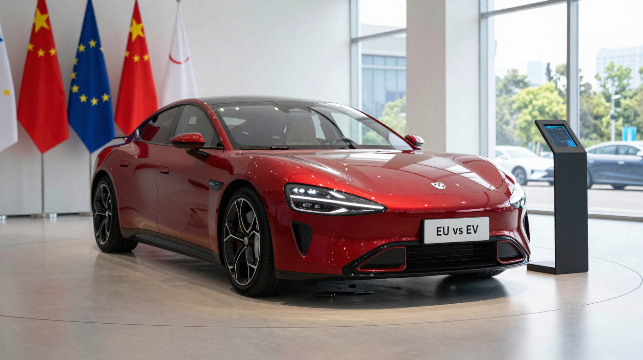 Carro elétrico esportivo vermelho exibido em showroom com bandeiras ao fundo e painel informativo ao lado.
