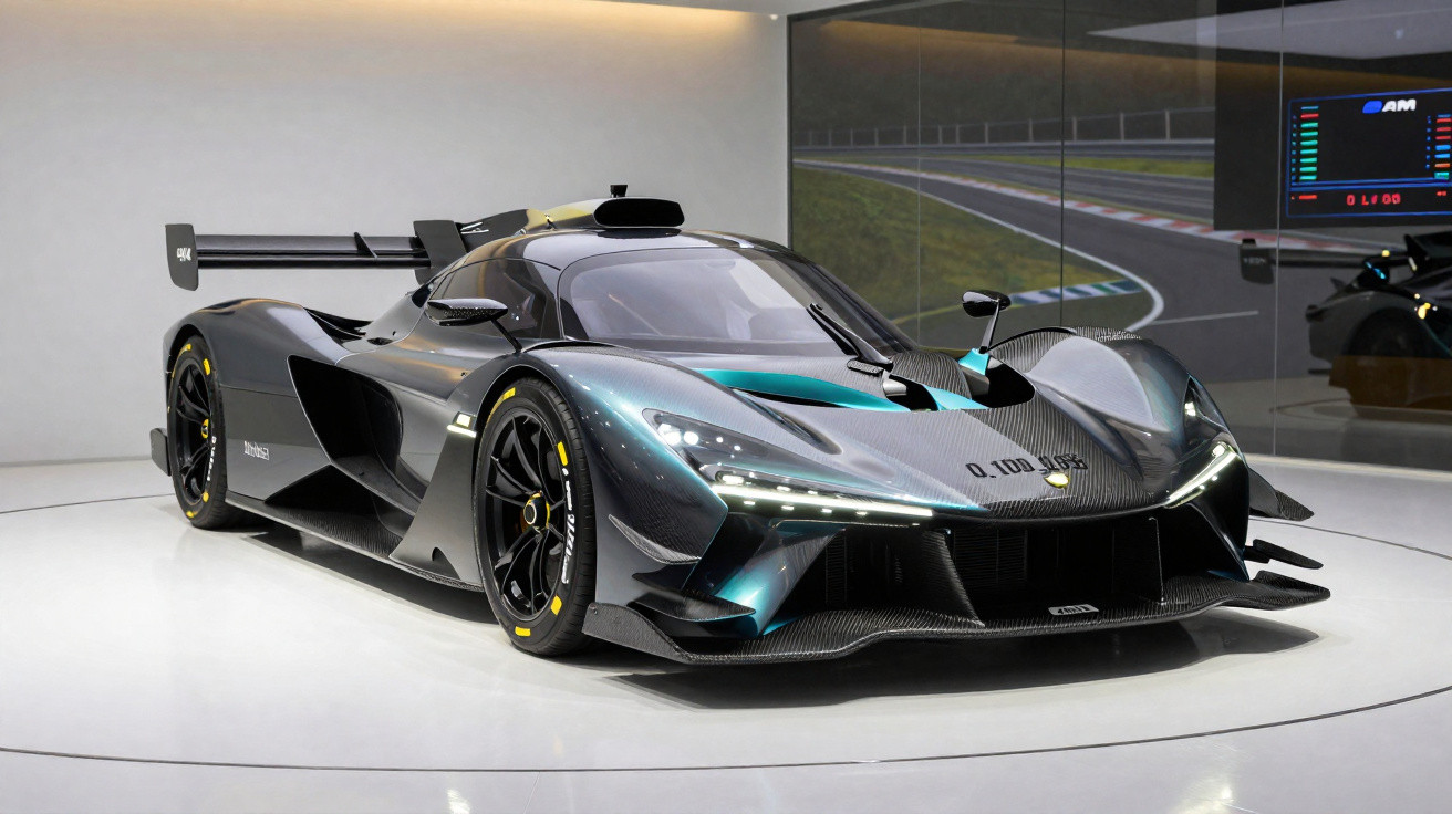 Carro esportivo de corrida preto com design aerodinâmico exposto em sala iluminada.