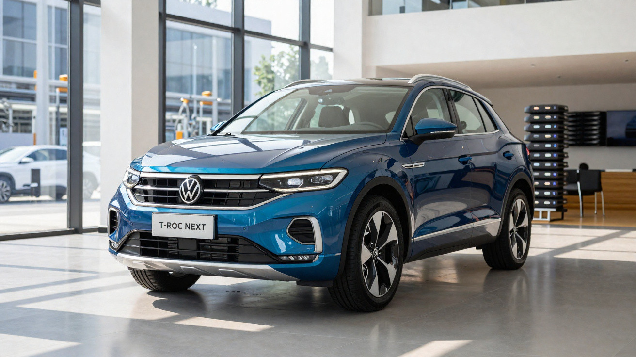 SUV Volkswagen T-Roc Next azul exposto em showroom moderno com vidro e piso claro.