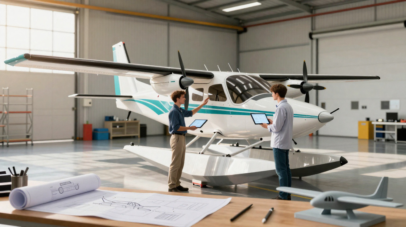 Dois engenheiros revisam um avião anfíbio branco com tablet dentro de um hangar de aeronaves.