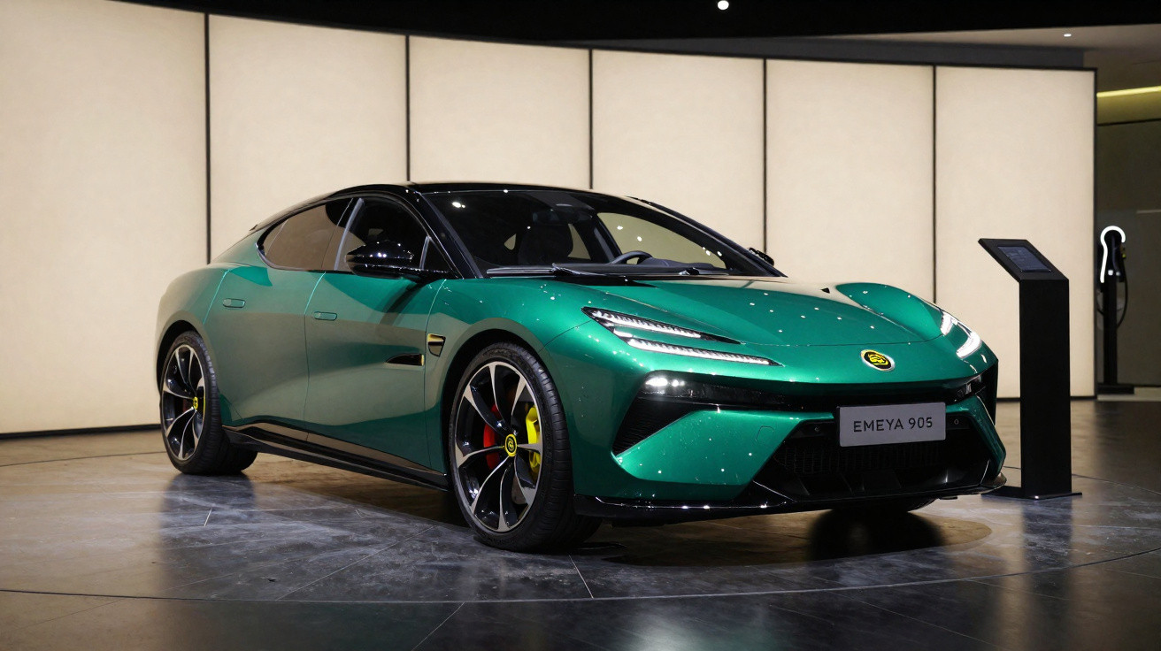 Carro esportivo elétrico verde com teto preto exibido em ambiente interno moderno.