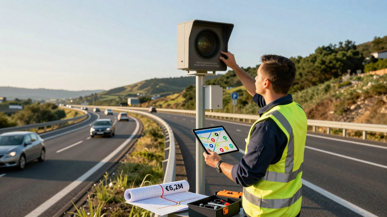 Homem com colete refletivo ajusta radar de velocidade em rodovia enquanto segura tablet com mapas.