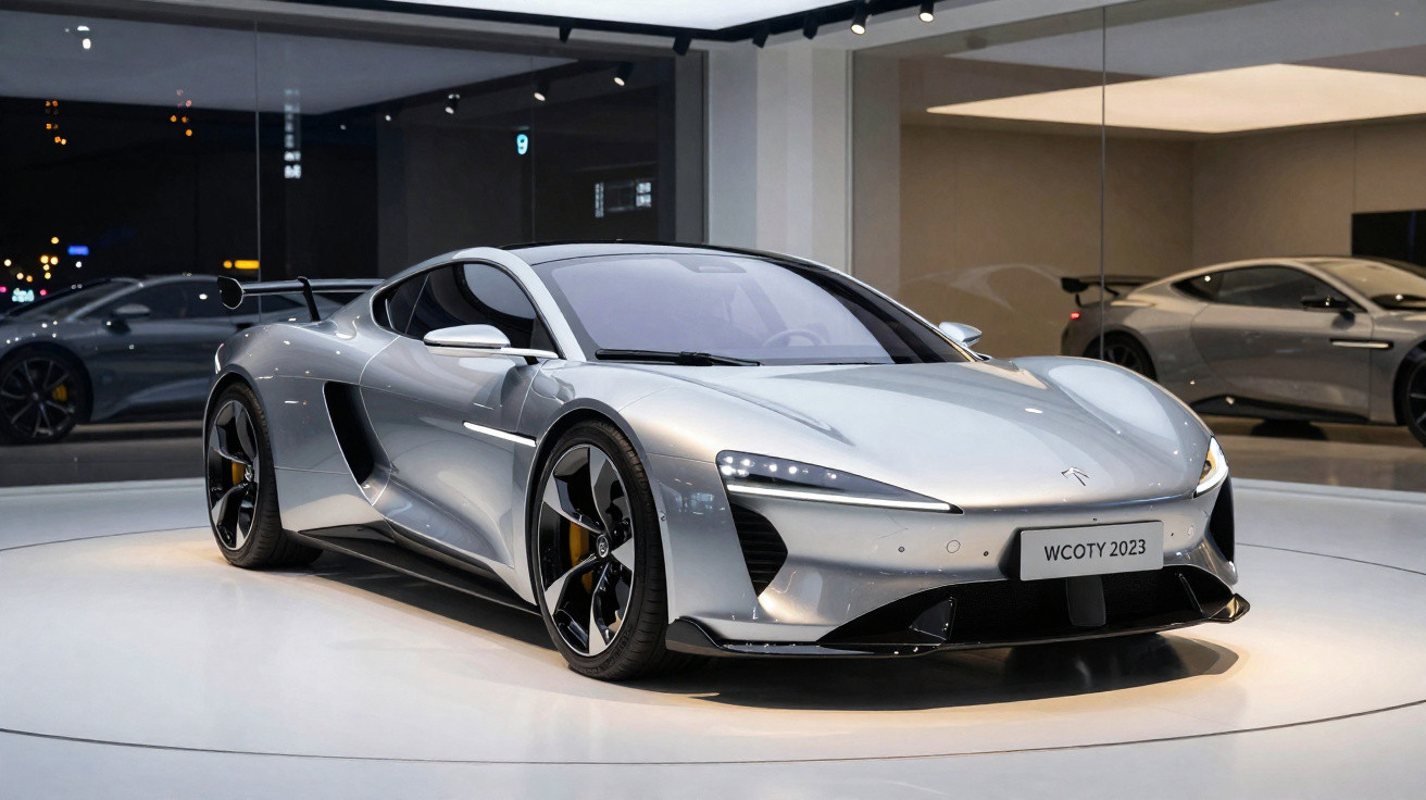 Carro esportivo prata com design futurista exibido em showroom com iluminação destacando detalhes aerodinâmicos.