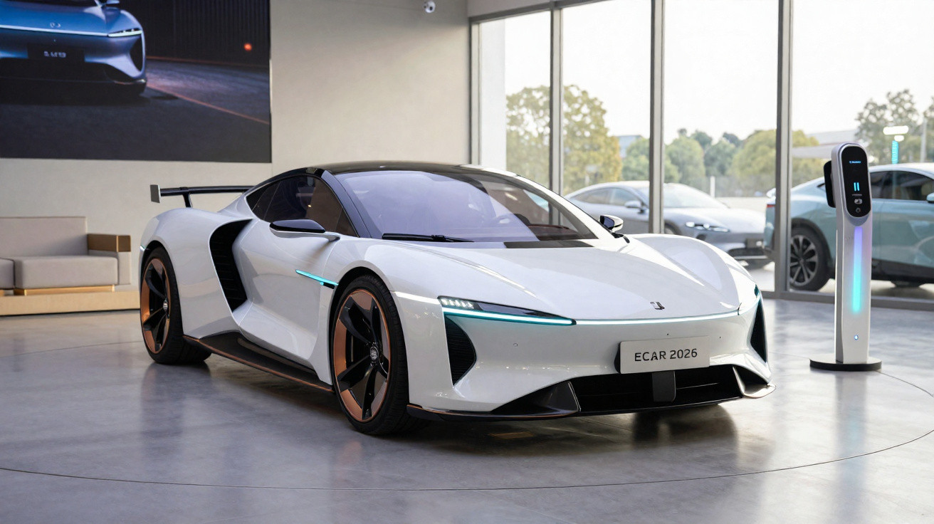 Carro esportivo elétrico branco com design futurista, exibido em showroom moderno, próximo a estação de recarga.