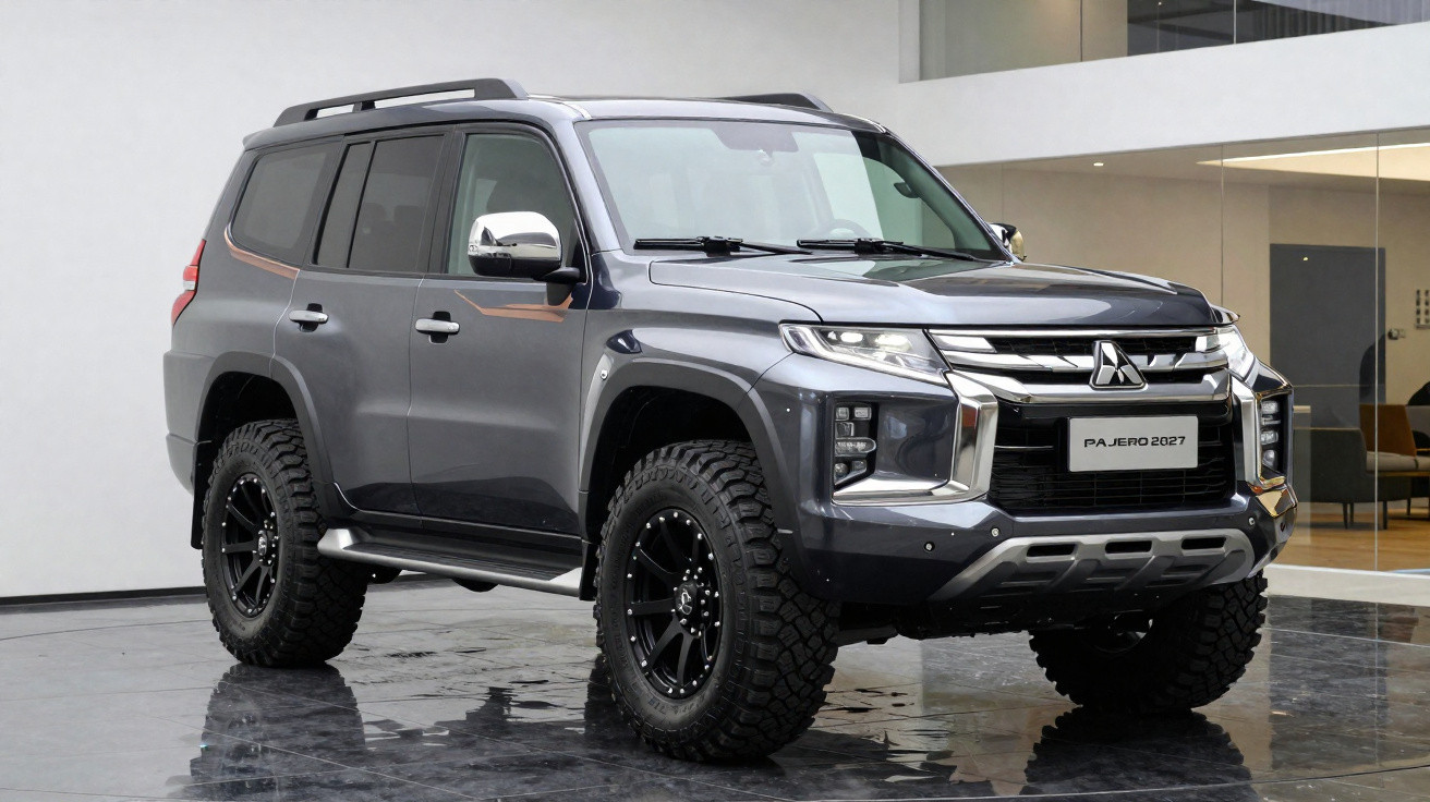 SUV Mitsubishi Pajero 2027 cinza estacionado em ambiente interno moderno com piso refletivo.