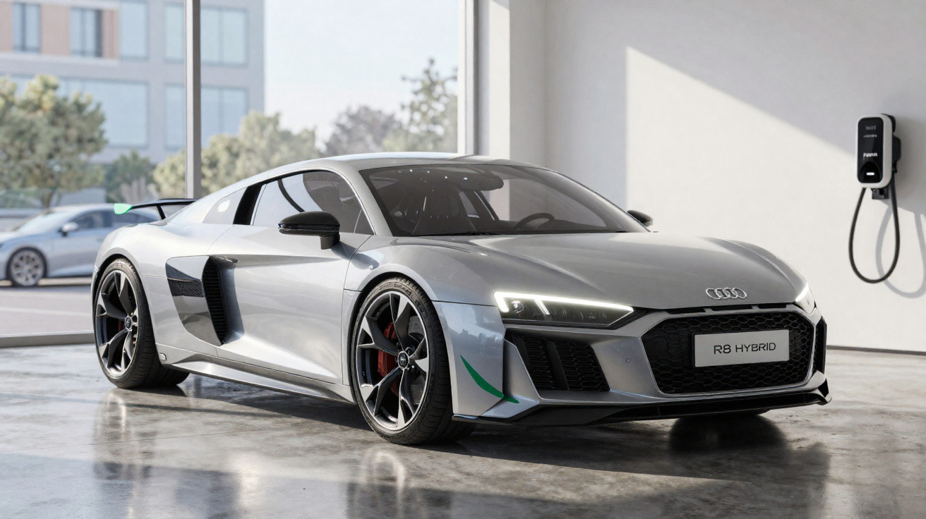 Carro esportivo Audi R8 Hybrid prata estacionado em garagem com carregador elétrico na parede.