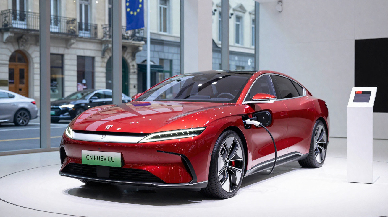 Carro elétrico esportivo vermelho sendo carregado em exposição com edifícios ao fundo.