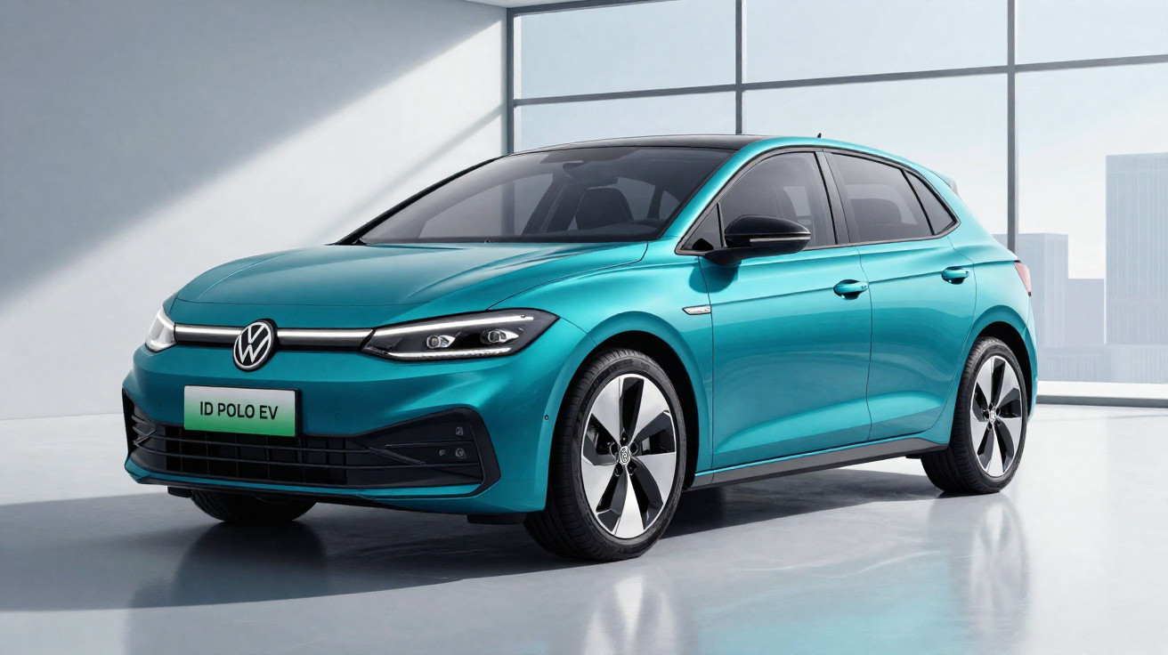 Carro elétrico Volkswagen ID Polo EV azul estacionado em ambiente moderno com janelas grandes.