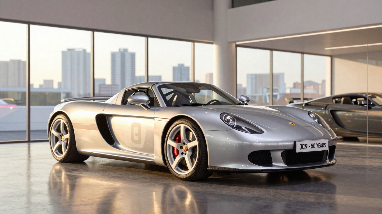 Carro esportivo prata Porsche Carrera GT estacionado em showroom moderno com janelas amplas.