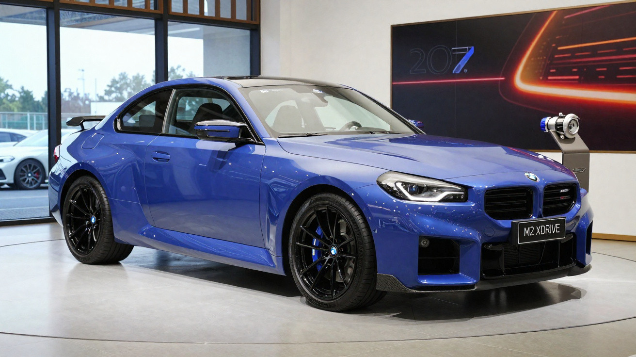 Carro esportivo BMW M2 XDrive azul brilhante exposto em showroom com rodas pretas.