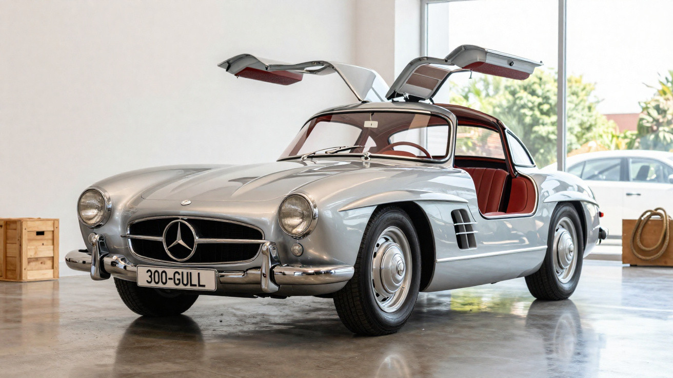 Carro clássico Mercedes-Benz 300SL prata com portas asa de gaivota abertas em ambiente interno.