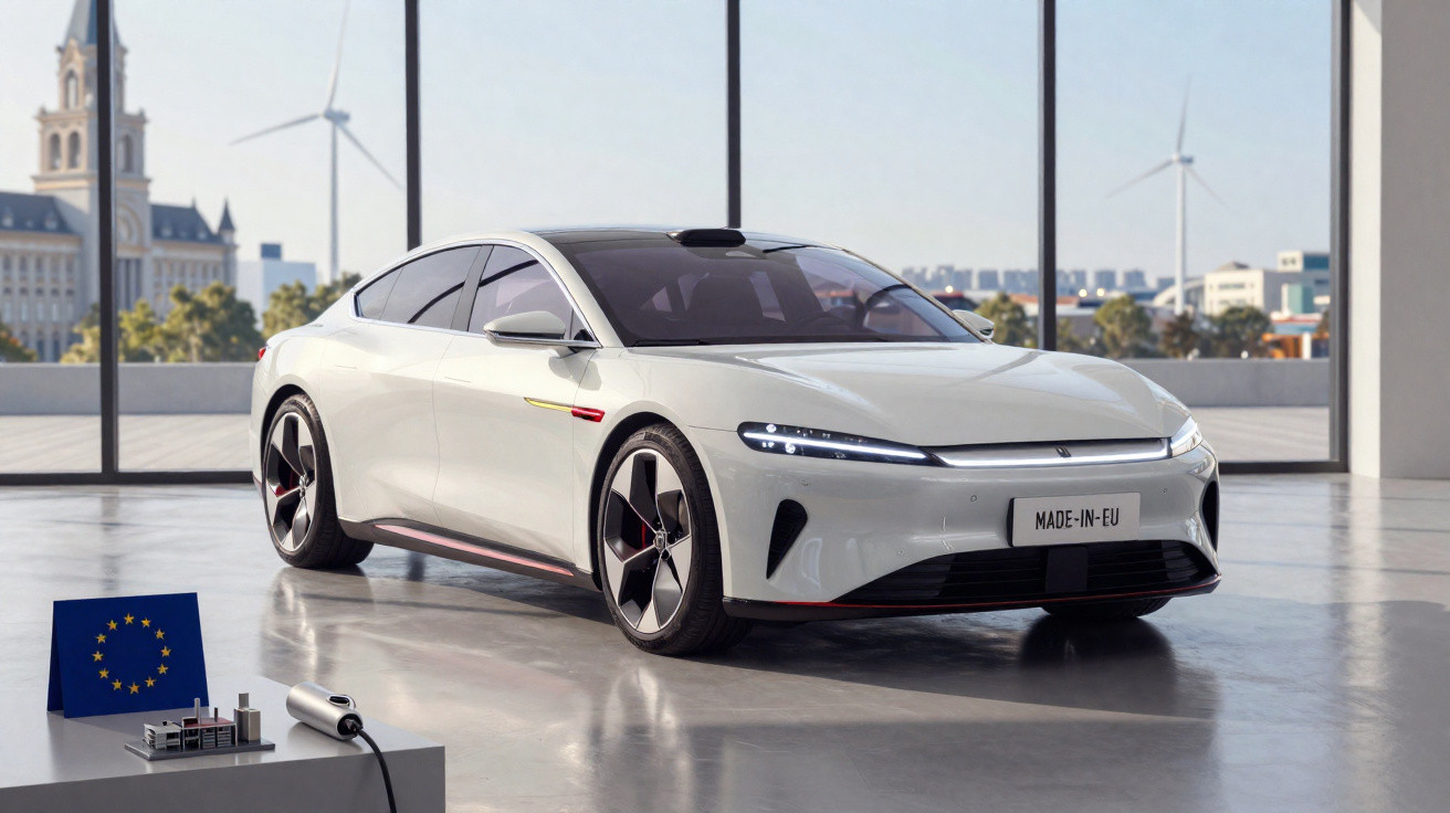 Carro elétrico branco moderno em ambiente interno com janelas grandes e turbinas eólicas ao fundo.