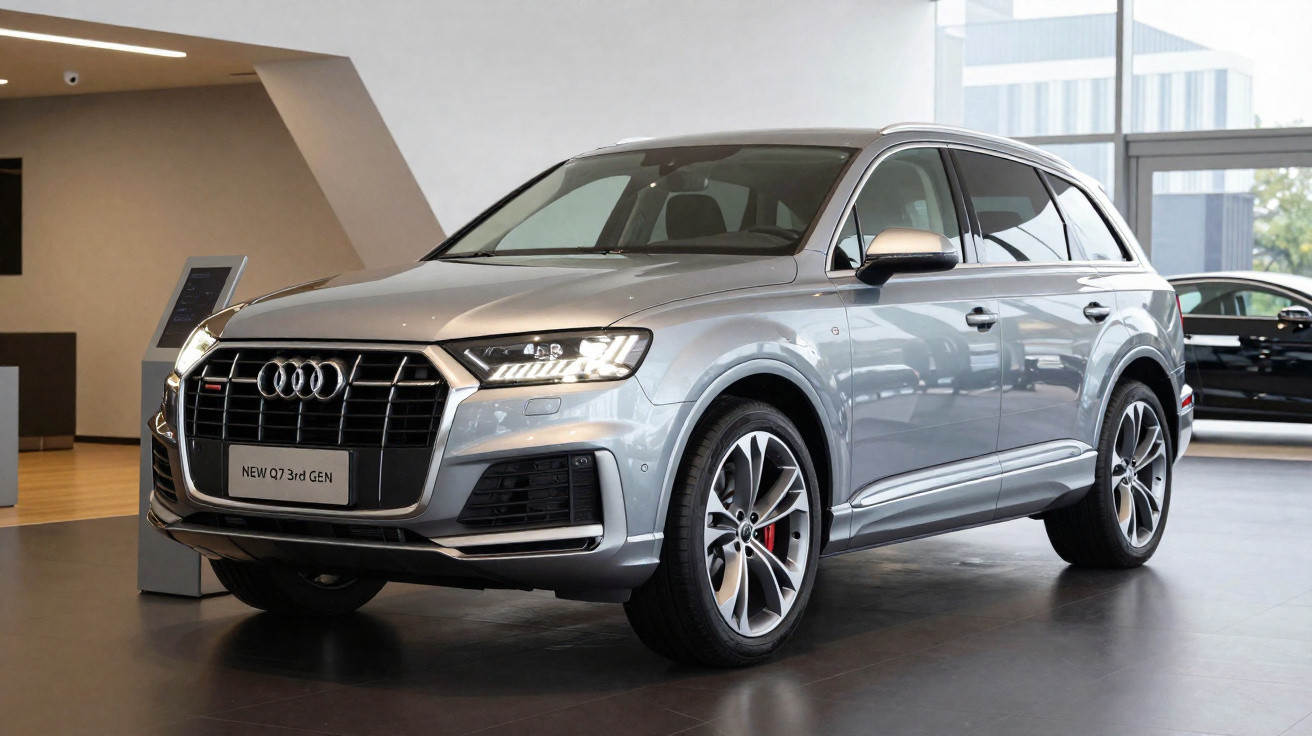 SUV Audi Q7 prata exposto em showroom moderno com iluminação natural.