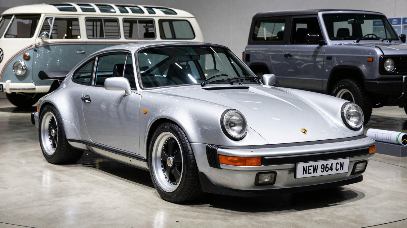 Carro esportivo Porsche 964 prata estacionado em museu com veículos antigos ao fundo.