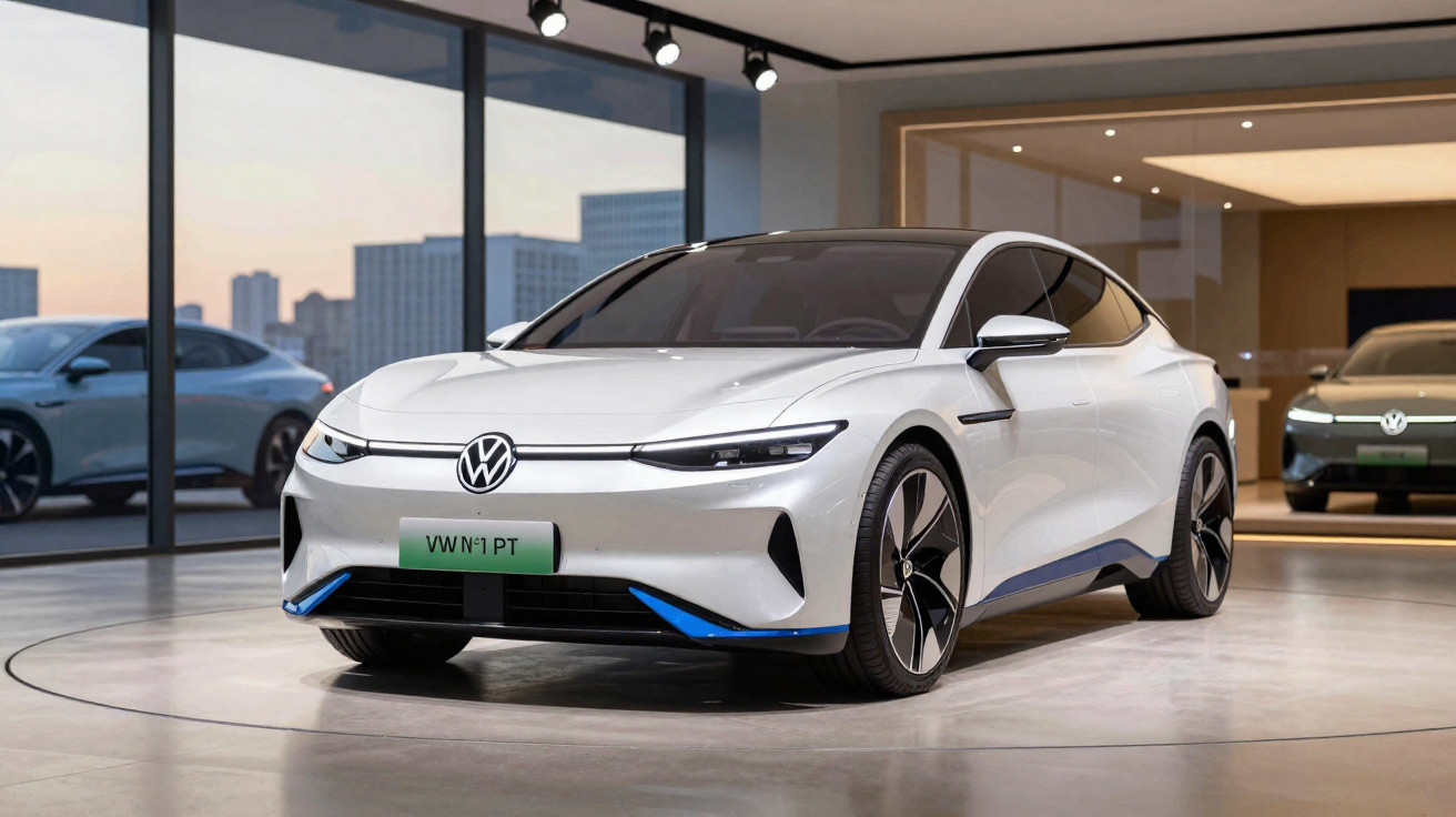 Carro elétrico branco Volkswagen em exposição dentro de showroom moderno com grandes janelas.
