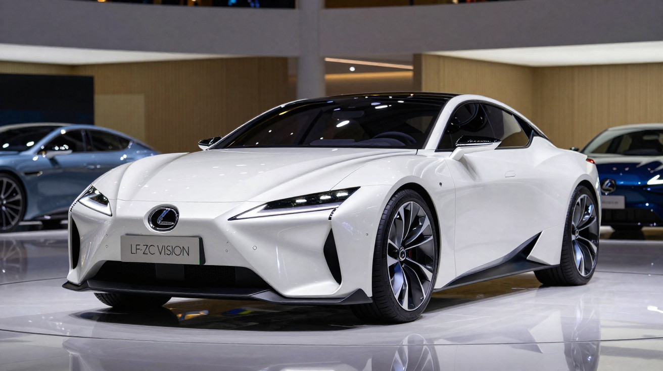 Carro esportivo branco Lexus LF-ZC Vision exibido em salão automotivo com design moderno e aerodinâmico.