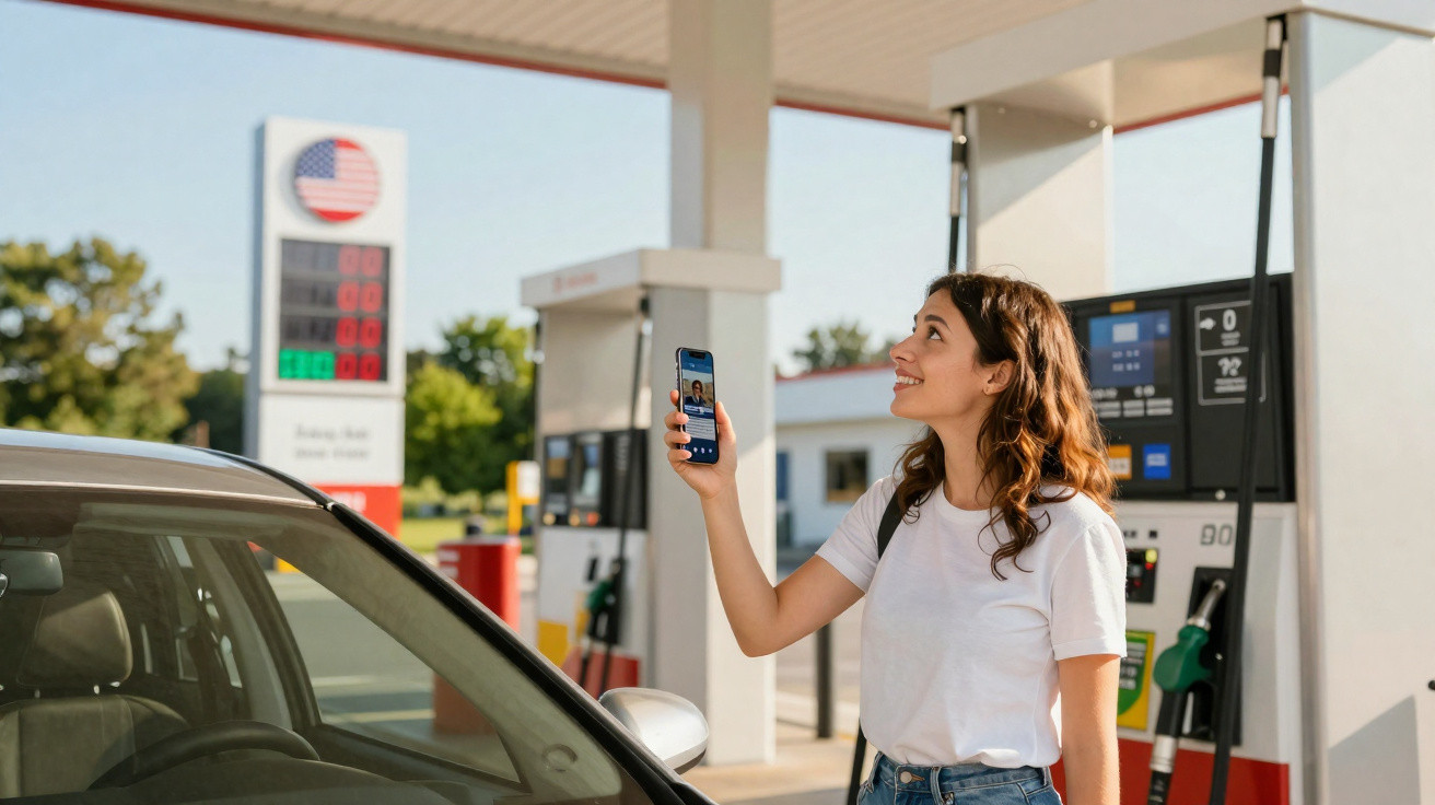 Mulher sorridente usando celular ao lado de carro em posto de gasolina nos Estados Unidos.