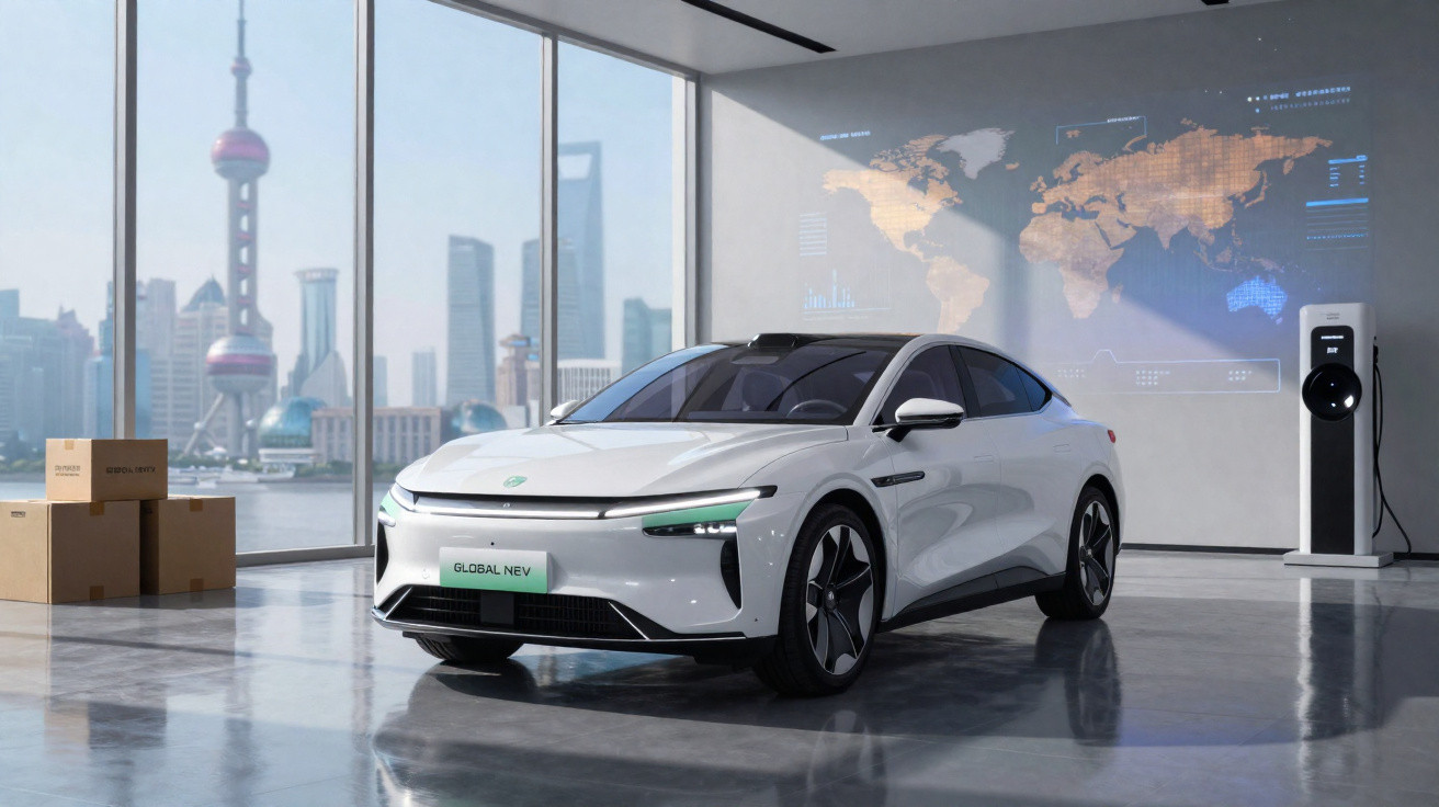 Carro elétrico branco estacionado em ambiente interno com painel de mapa-múndi e pilha de caixas ao fundo.