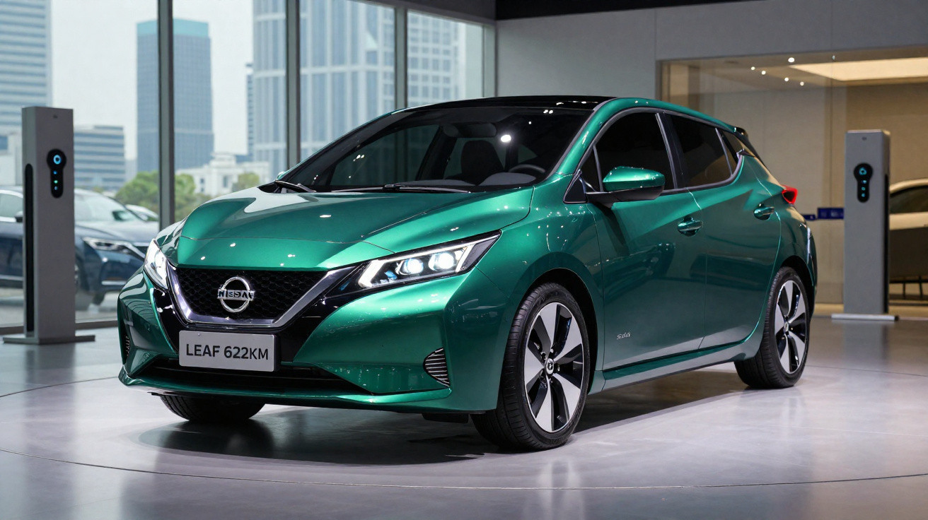 Carro elétrico Nissan Leaf verde estacionado em showroom moderno com postes de carregamento ao fundo.