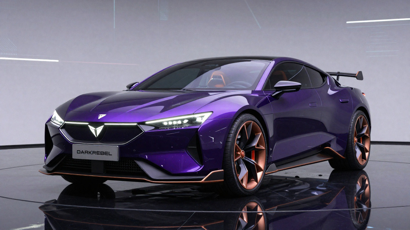 Carro esportivo elétrico roxo com detalhes em cobre e design moderno exibido em estúdio minimalista.