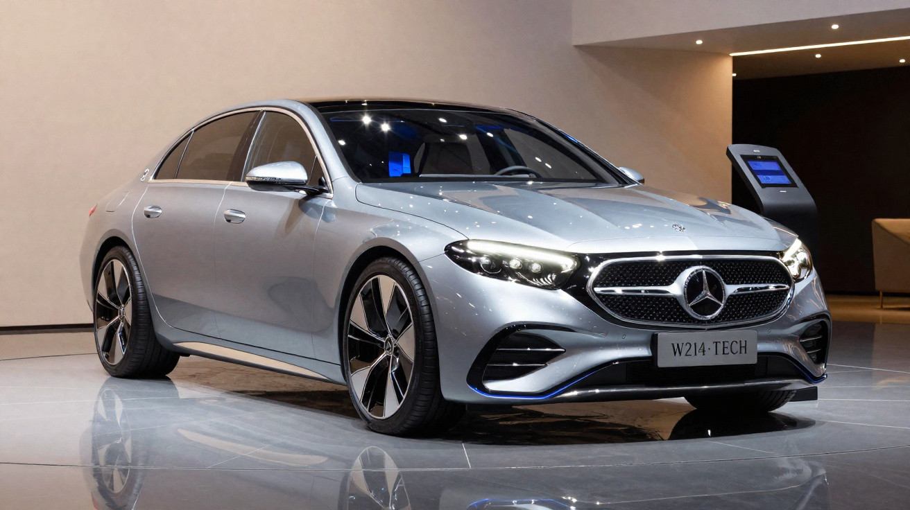 Carro sedan prata Mercedes-Benz W214 TECH exibido em salão com iluminação interna.