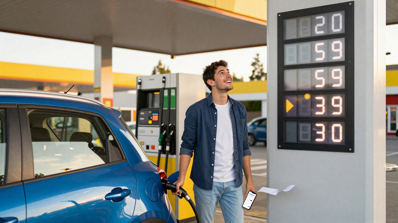 Homem abastecendo carro azul em posto de gasolina, olhando para painel de preços ao lado.