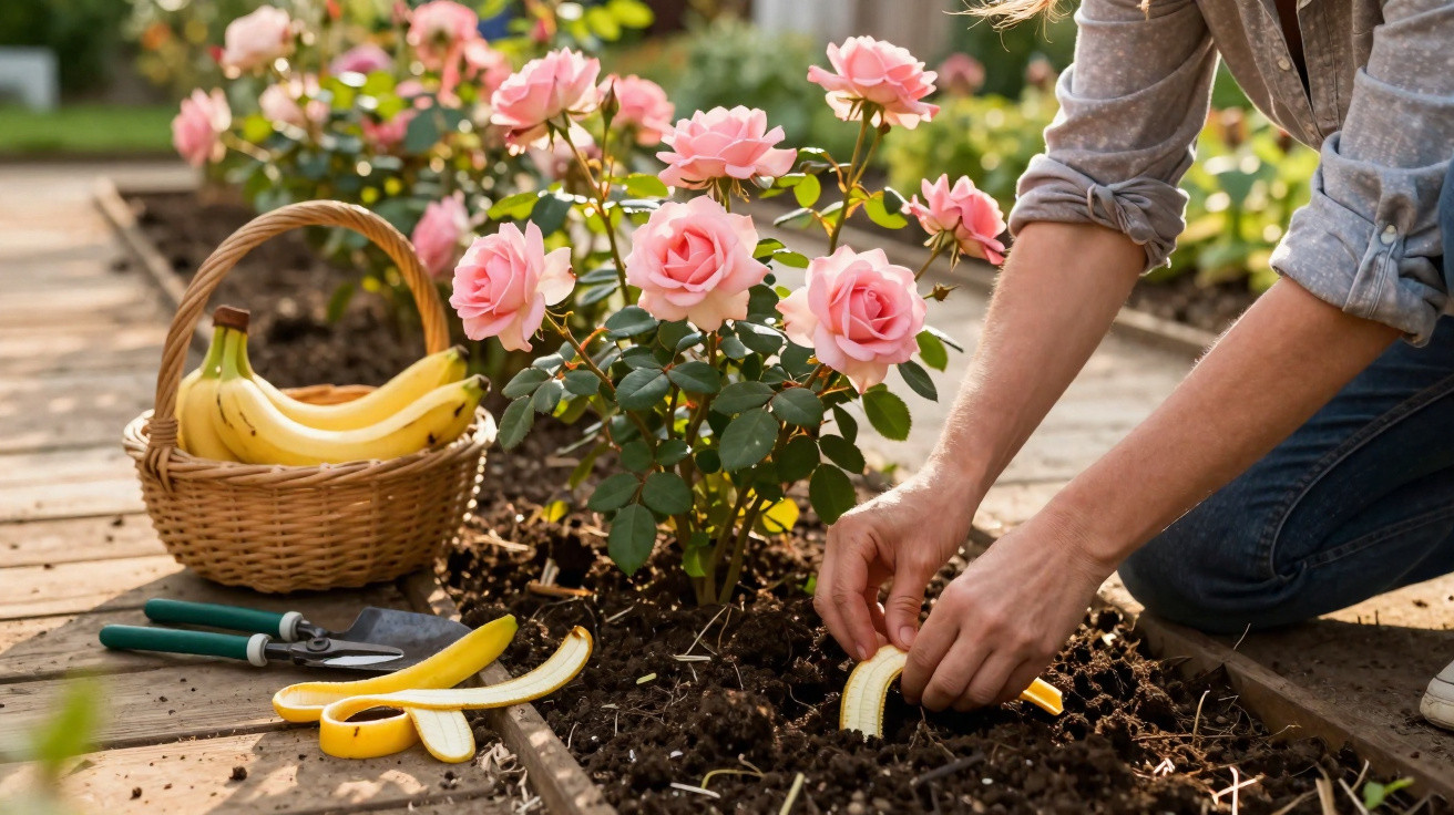 Pessoa plantando uma casca de banana ao lado de um vaso com rosas rosas em jardim ensolarado.