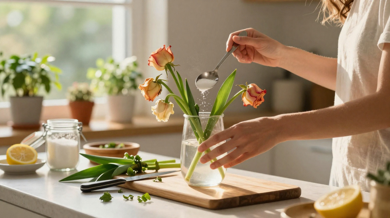 Pessoa colocando açúcar em uma jarra com água e flores em uma cozinha iluminada.