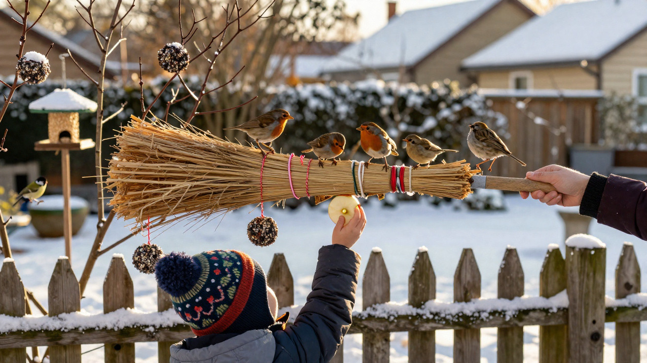 Criança oferecendo maçã a pássaros pousados em um feixe de palha na neve, ao lado de cerca de madeira.