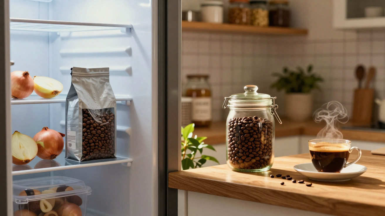 Geladeira aberta com cebolas, pacote de café; ao lado, jarra de vidro com grãos e xícara de café quente na bancada.