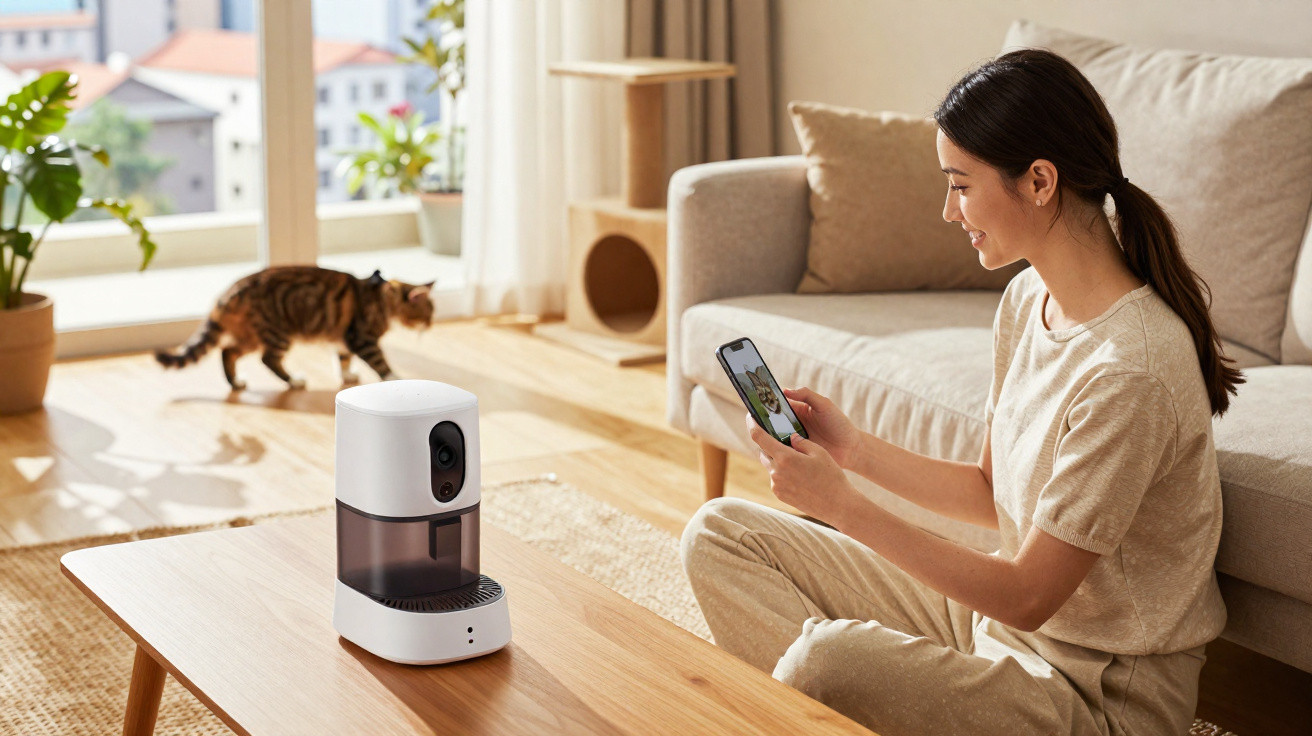 Mulher sentada na sala usando smartphone para monitorar pet feeder com gato ao fundo.