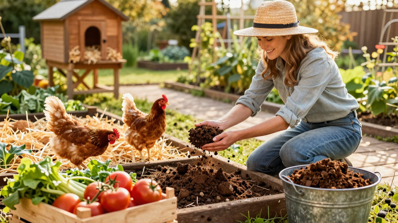 Mulher com chapéu prepara terra em canteiro, com galinhas e caixa de tomates ao redor no jardim.