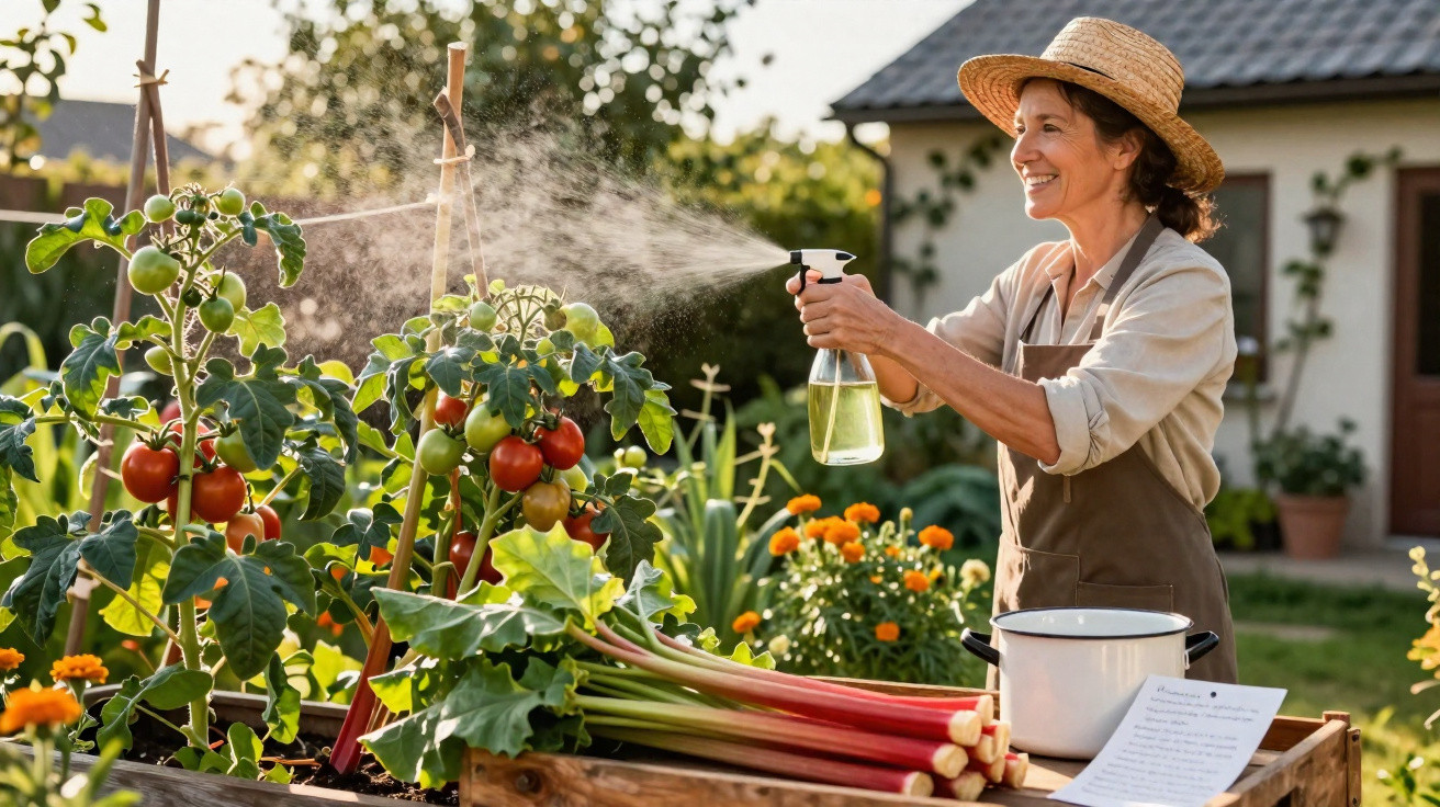 Mulher sorridente regando plantas de tomate em jardim ensolarado com chapéu de palha e avental marrom.