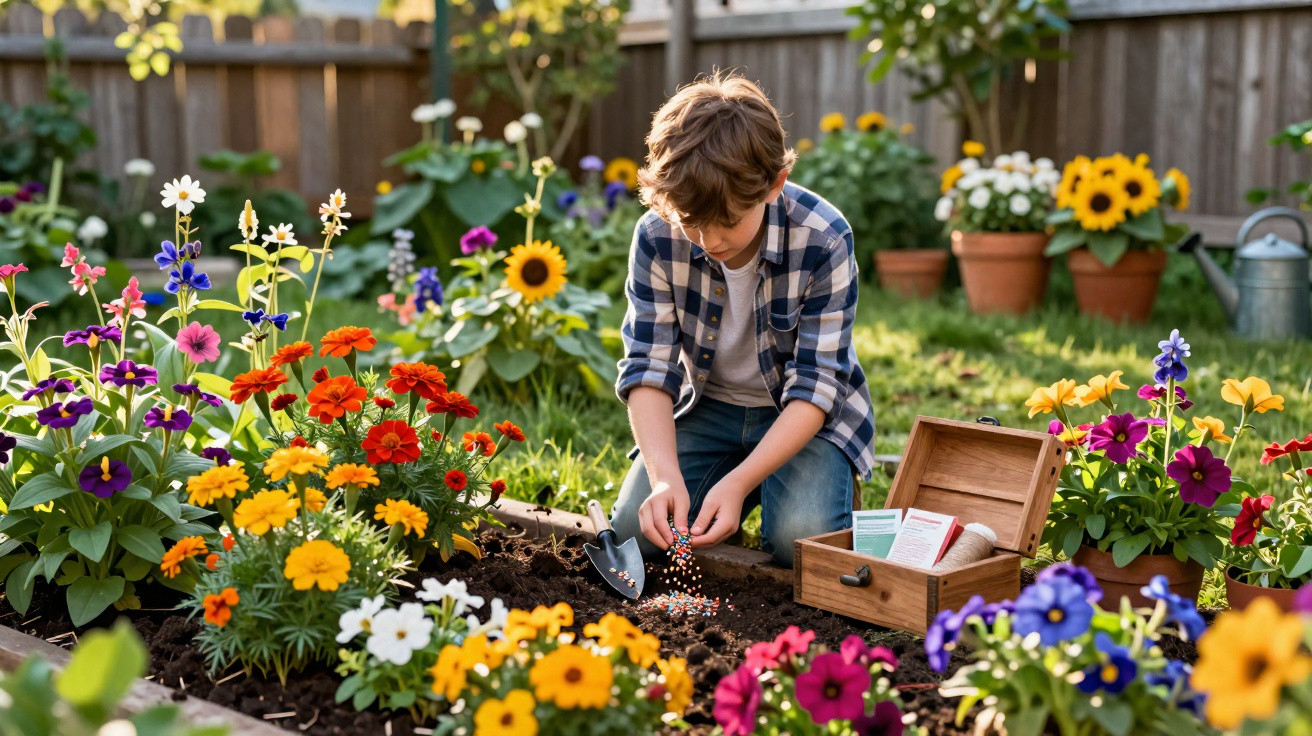 Menino plantando sementes em jardim florido com flores coloridas em canteiros e vasos ao redor.
