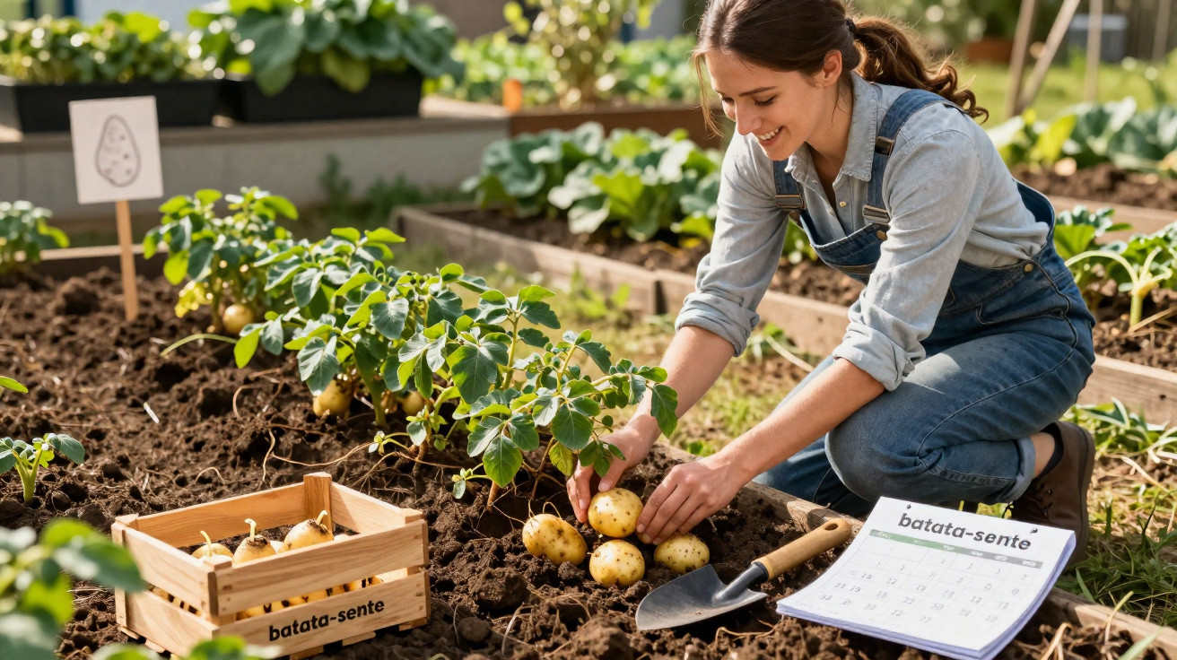 Mulher colhendo batatas em plantação com caixa e calendário ao lado no jardim cultivado.