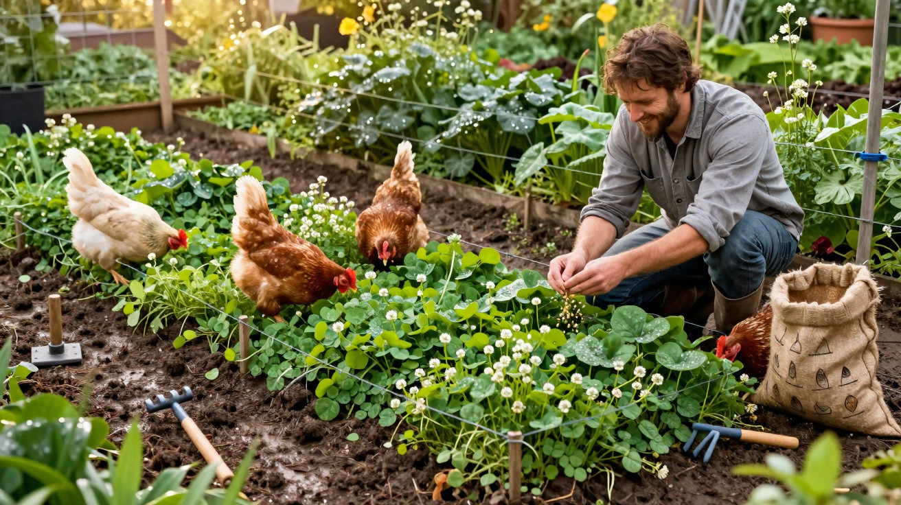 Homem cuidando de plantas em horta enquanto três galinhas ciscam ao redor durante o dia.